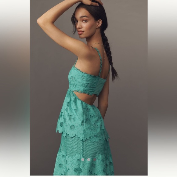 NEW🌟Anthropologie Saylor Elloise Eyelet Tiered Midi Dress Teal Size Large - Picture 2 of 7